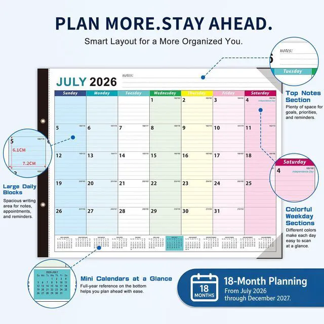 Alt view image 2 of 7 - Large Desk Calendar 2026-2027 - 18-Month Jul 2026 - Dec 2027, 22x17in Colorful Extra Large Desktop Calendar, Academic Calendar with Protection Corner, Stickers for Office School and Home