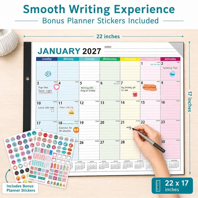 Alt view image 5 of 7 - Large Desk Calendar 2026-2027 - 18-Month Jul 2026 - Dec 2027, 22x17in Colorful Extra Large Desktop Calendar, Academic Calendar with Protection Corner, Stickers for Office School and Home