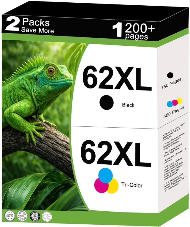 Main image of 62XL Ink Cartridges Replacement for HP 62 XL Black Color Combo Pack for HP62 HP62XL for OfficeJet 200 250 5665 5661 5560 5640 5663 5742 Envy 7640 7645 5540 5545 5660 Printers with V28.2.1 Chip 2-Pack