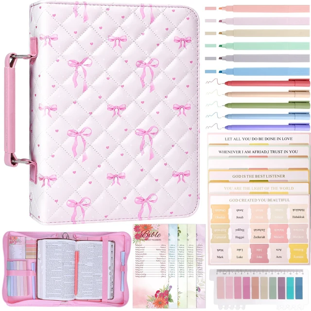 Main image of Bible Cover Case for Women Leather Bible Bag Kit Church Book Holder Pink Bow Quilted Journaling Kit Portable Carrying Organizer w/Handle, Tabs, Study Supplies Christian Gifts for Woman, Lady