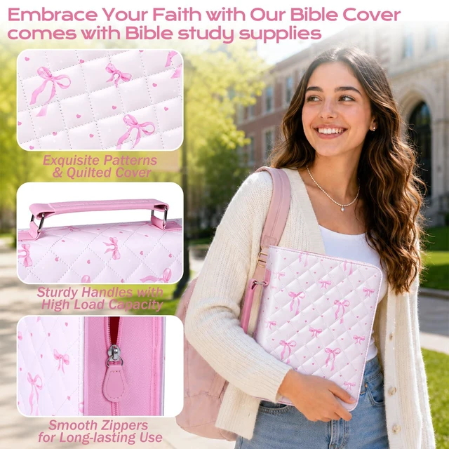 Alt view image 4 of 7 - Bible Cover Case for Women Leather Bible Bag Kit Church Book Holder Pink Bow Quilted Journaling Kit Portable Carrying Organizer w/Handle, Tabs, Study Supplies Christian Gifts for Woman, Lady