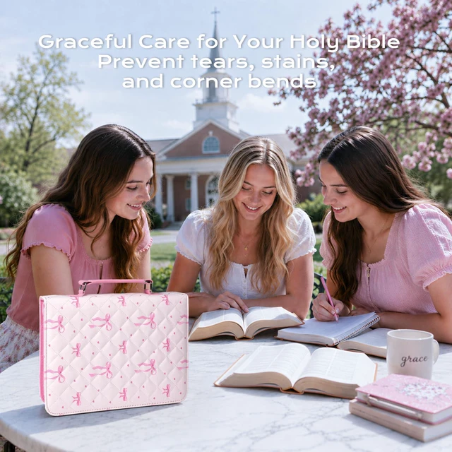 Alt view image 6 of 7 - Bible Cover Case for Women Leather Bible Bag Kit Church Book Holder Pink Bow Quilted Journaling Kit Portable Carrying Organizer w/Handle, Tabs, Study Supplies Christian Gifts for Woman, Lady