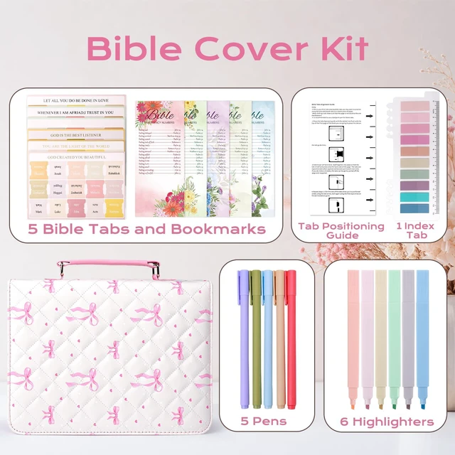 Alt view image 7 of 7 - Bible Cover Case for Women Leather Bible Bag Kit Church Book Holder Pink Bow Quilted Journaling Kit Portable Carrying Organizer w/Handle, Tabs, Study Supplies Christian Gifts for Woman, Lady