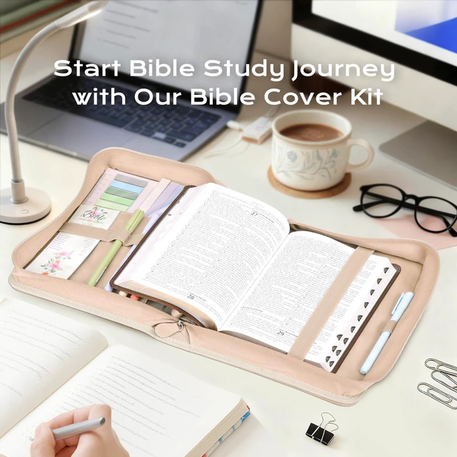 Alt view image 3 of 7 - Bible Cover Case for Women Leather Bible Bag Kit Church Book Holder Apricot Journaling Kit Portable Carrying Organizer with Gold-Foiled Cross, Handle, Tabs,Study Supply Christian Gifts for Lady