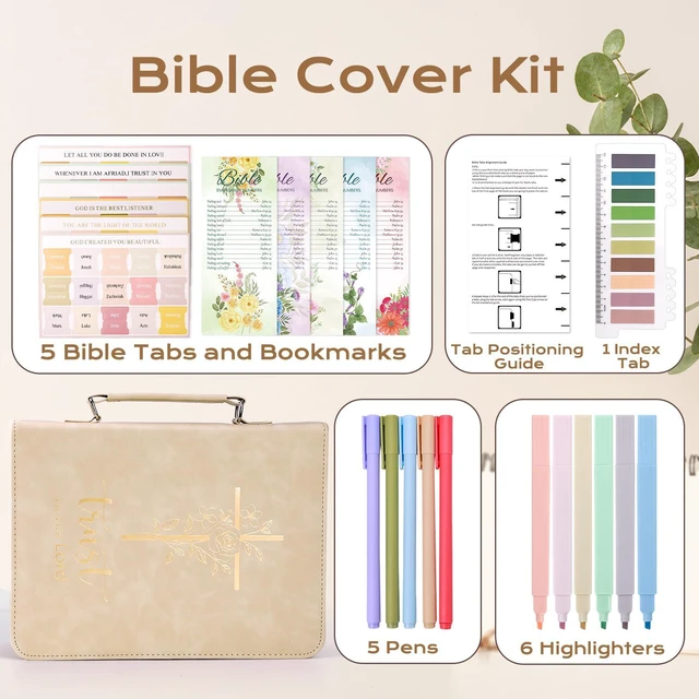 Alt view image 4 of 7 - Bible Cover Case for Women Leather Bible Bag Kit Church Book Holder Apricot Journaling Kit Portable Carrying Organizer with Gold-Foiled Cross, Handle, Tabs,Study Supply Christian Gifts for Lady