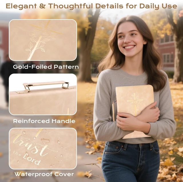 Alt view image 5 of 7 - Bible Cover Case for Women Leather Bible Bag Kit Church Book Holder Apricot Journaling Kit Portable Carrying Organizer with Gold-Foiled Cross, Handle, Tabs,Study Supply Christian Gifts for Lady