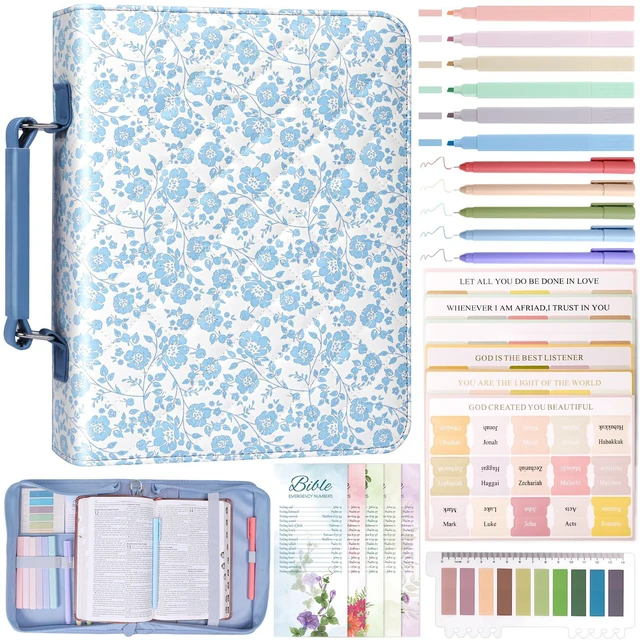 Main image of Bible Cover Case for Women Leather Bible Bag Kit Church Book Holder Blue Flower Quilted Journaling Kit Portable Carrying Organizer w/Handle, Tabs, Study Supplies Christian Gifts for Woman Lady