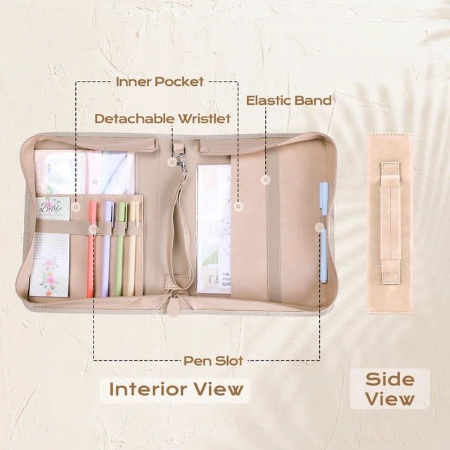Alt view image 7 of 7 - Bible Cover Case for Women Leather Bible Bag Kit Church Book Holder Apricot Journaling Kit Portable Carrying Organizer with Gold-Foiled Cross, Handle, Tabs,Study Supply Christian Gifts for Lady