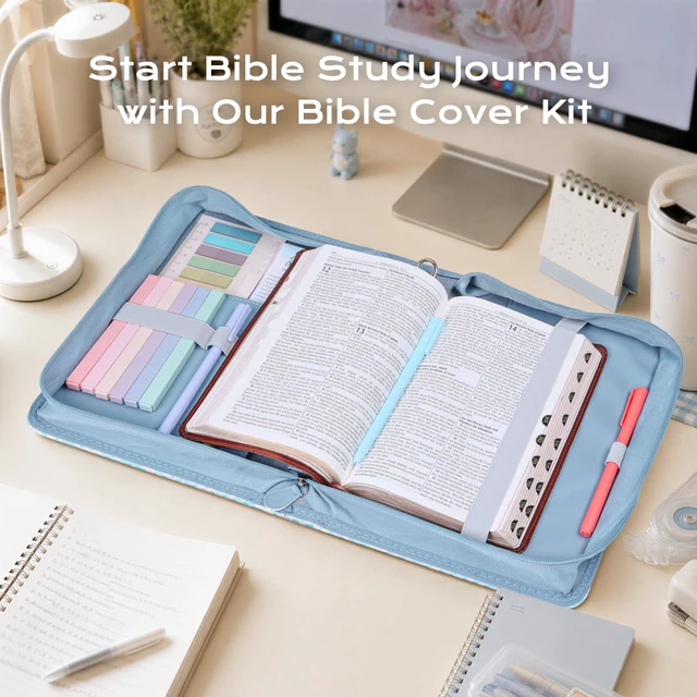Alt view image 2 of 7 - Bible Cover Case for Women Leather Bible Bag Kit Church Book Holder Blue Flower Quilted Journaling Kit Portable Carrying Organizer w/Handle, Tabs, Study Supplies Christian Gifts for Woman Lady
