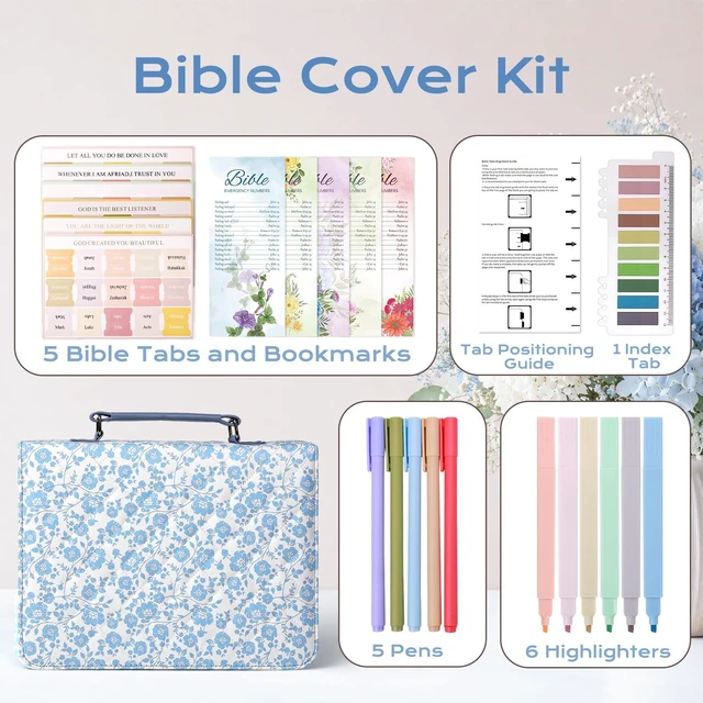 Alt view image 5 of 7 - Bible Cover Case for Women Leather Bible Bag Kit Church Book Holder Blue Flower Quilted Journaling Kit Portable Carrying Organizer w/Handle, Tabs, Study Supplies Christian Gifts for Woman Lady