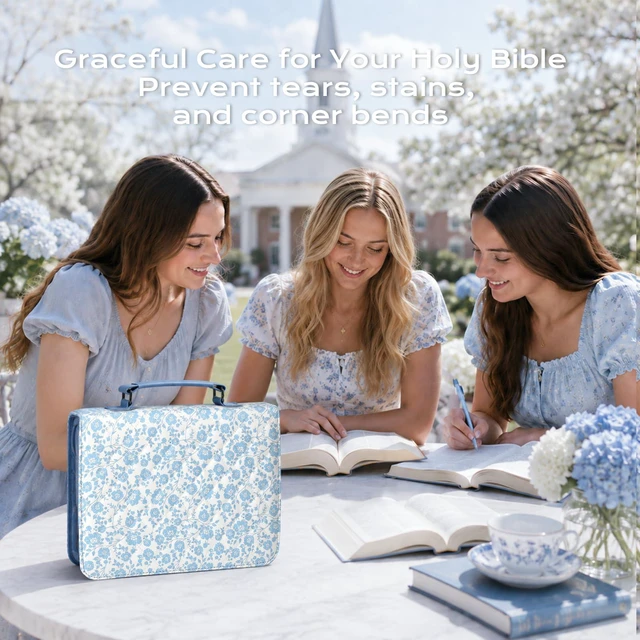 Alt view image 6 of 7 - Bible Cover Case for Women Leather Bible Bag Kit Church Book Holder Blue Flower Quilted Journaling Kit Portable Carrying Organizer w/Handle, Tabs, Study Supplies Christian Gifts for Woman Lady