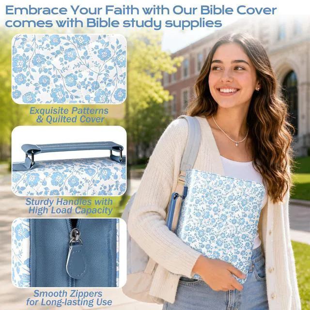 Alt view image 3 of 7 - Bible Cover Case for Women Leather Bible Bag Kit Church Book Holder Blue Flower Quilted Journaling Kit Portable Carrying Organizer w/Handle, Tabs, Study Supplies Christian Gifts for Woman Lady