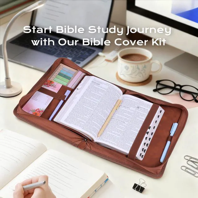 Alt view image 2 of 7 - Bible Cover Case for Women Leather Bible Bag Kit Church Book Holder Brown Journaling Kit Portable Carrying Organizer with Gold-Foiled Wreath, Handle, Tabs,Study Supply Christian Gifts for Lady
