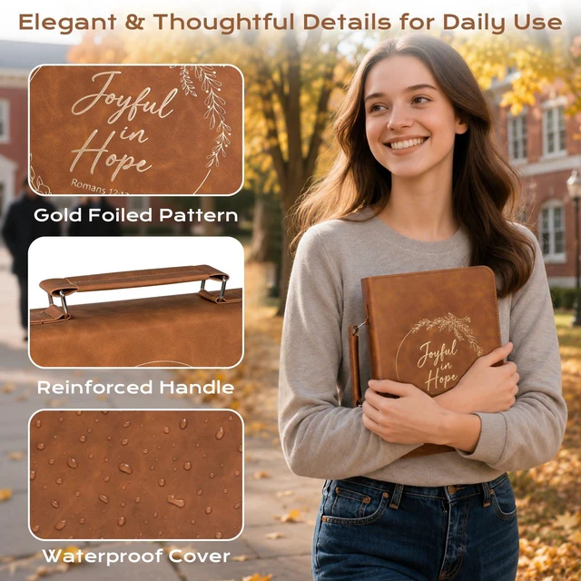 Alt view image 5 of 7 - Bible Cover Case for Women Leather Bible Bag Kit Church Book Holder Brown Journaling Kit Portable Carrying Organizer with Gold-Foiled Wreath, Handle, Tabs,Study Supply Christian Gifts for Lady