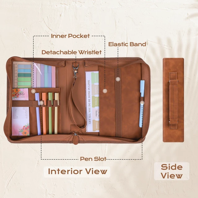 Alt view image 4 of 7 - Bible Cover Case for Women Leather Bible Bag Kit Church Book Holder Brown Journaling Kit Portable Carrying Organizer with Gold-Foiled Wreath, Handle, Tabs,Study Supply Christian Gifts for Lady