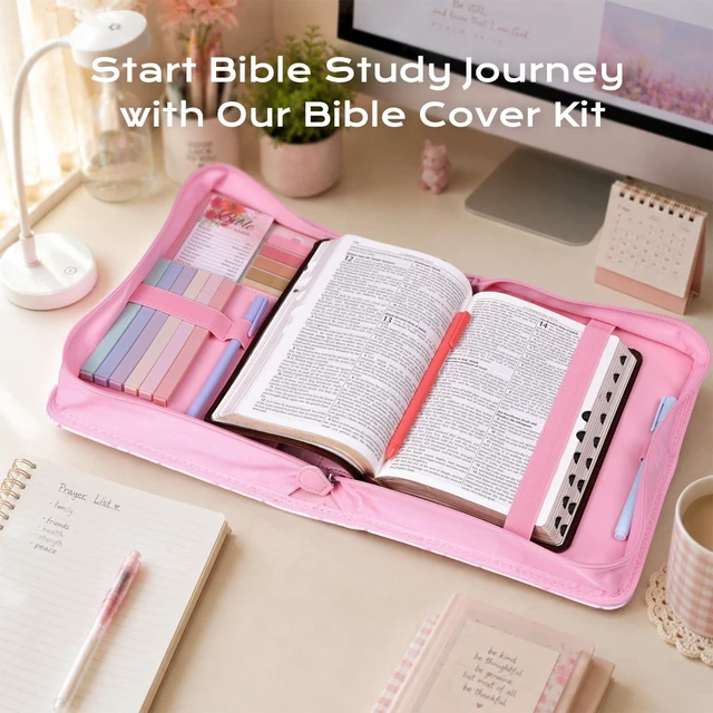 Alt view image 3 of 7 - Bible Cover Case for Women Leather Bible Bag Kit Church Book Holder Pink Bow Quilted Journaling Kit Portable Carrying Organizer w/Handle, Tabs, Study Supplies Christian Gifts for Woman, Lady