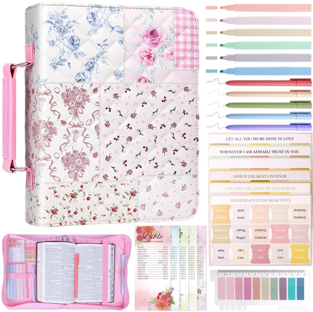 Main image of Bible Cover Case for Women Leather Bible Bag Kit Church Book Holder Floral Patchwork Quilted Journaling Kit Portable Carrying Organizer w/Handle, Tabs, Study Supplies Christian Gifts for Woman