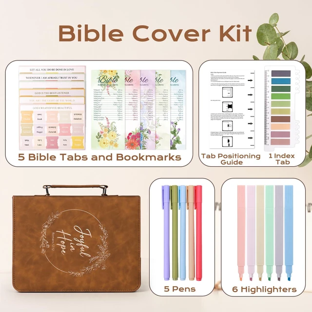 Alt view image 6 of 7 - Bible Cover Case for Women Leather Bible Bag Kit Church Book Holder Brown Journaling Kit Portable Carrying Organizer with Gold-Foiled Wreath, Handle, Tabs,Study Supply Christian Gifts for Lady