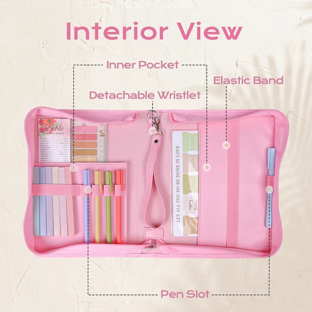 Alt view image 5 of 7 - Bible Cover Case for Women Leather Bible Bag Kit Church Book Holder Pink Bow Quilted Journaling Kit Portable Carrying Organizer w/Handle, Tabs, Study Supplies Christian Gifts for Woman, Lady