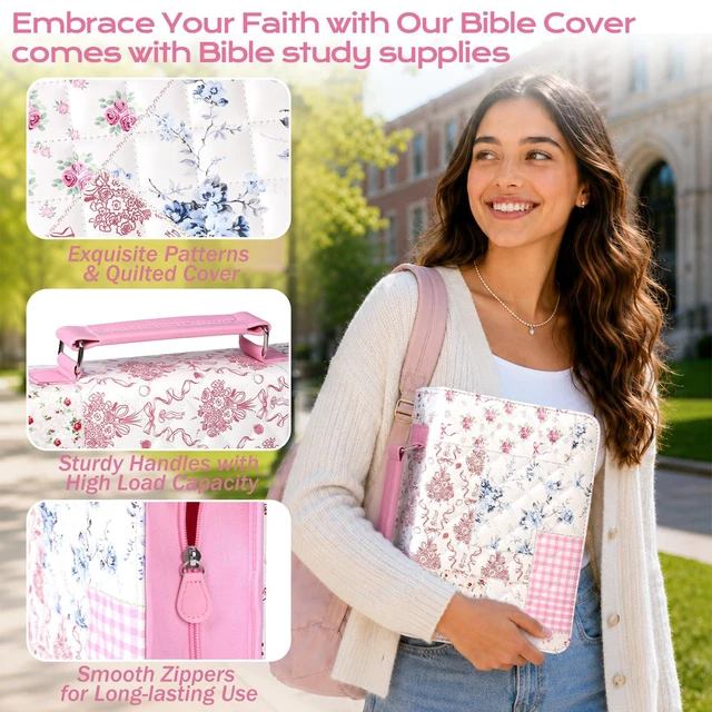 Alt view image 4 of 7 - Bible Cover Case for Women Leather Bible Bag Kit Church Book Holder Floral Patchwork Quilted Journaling Kit Portable Carrying Organizer w/Handle, Tabs, Study Supplies Christian Gifts for Woman