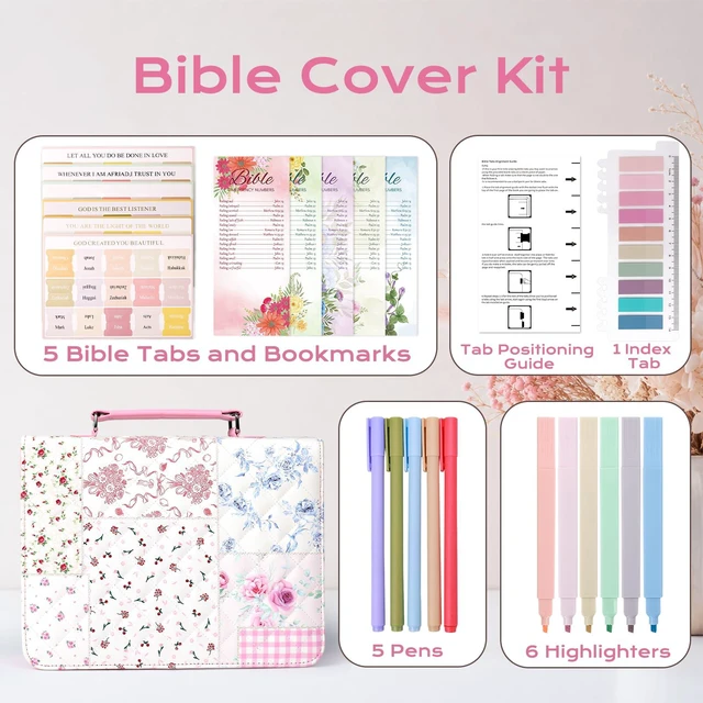 Alt view image 6 of 7 - Bible Cover Case for Women Leather Bible Bag Kit Church Book Holder Floral Patchwork Quilted Journaling Kit Portable Carrying Organizer w/Handle, Tabs, Study Supplies Christian Gifts for Woman
