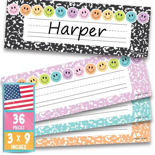 Main image of Desk Name Tags for Classroom, 36pc Nameplate & Classroom Name Tags for Desk 9"x3" Name Plates for Classroom Decor, 1st-3rd Grade Kindergarten Preschool Must Haves, Smiley Cubby Labels Teacher Supplies