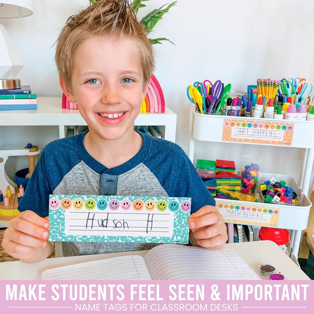 Alt view image 2 of 7 - Desk Name Tags for Classroom, 36pc Nameplate & Classroom Name Tags for Desk 9"x3" Name Plates for Classroom Decor, 1st-3rd Grade Kindergarten Preschool Must Haves, Smiley Cubby Labels Teacher Supplies