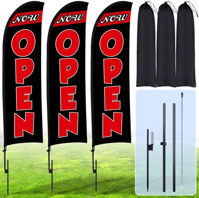 Main image of 3 Sets 12 ft Now Open Feather Flag Pole Kit for Business Advertising Open Flag Banner Sign with Pole Kit Ground Stake and Portable Bag for Outside Ground