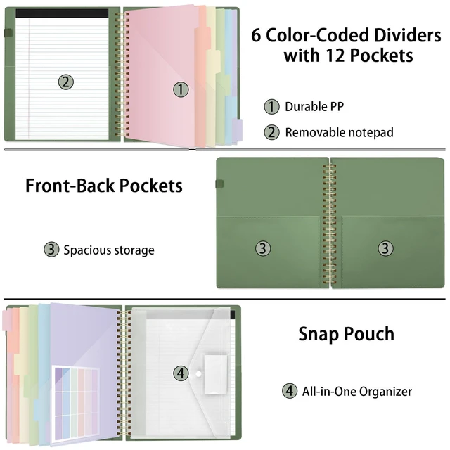 Alt view image 2 of 7 - Storage Clipboard Folder with 6 Dividers & Refillable Notepad 6 Dividers with 12 Pockets for Letter Size, A Snap-seal Letter size Pouch,Spiral Clipboards Padfolio for Teacher Worker Nurse