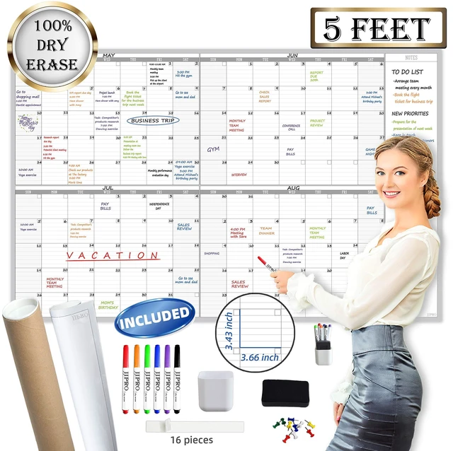 Main image of Large Dry Erase Wall Calendar 60" x 38" - Premium New Laminate - Blank Undated, Reusable & Erasable 4 Month Planner -Classroom, Office, Project & Family Schedule