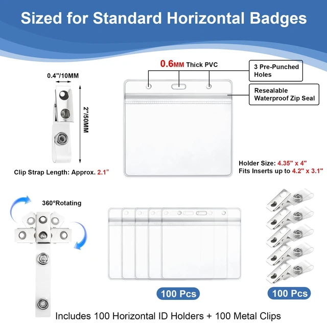 Alt view image 2 of 7 - Clear Horizontal 4x3 Name Tag Holders 100 Pack with Metal Clips, Bulk Waterproof PVC ID Badge Holder, Heavy Duty Plastic Name Badge Holders for Conventions, Festivals, Corporate Events and Staff