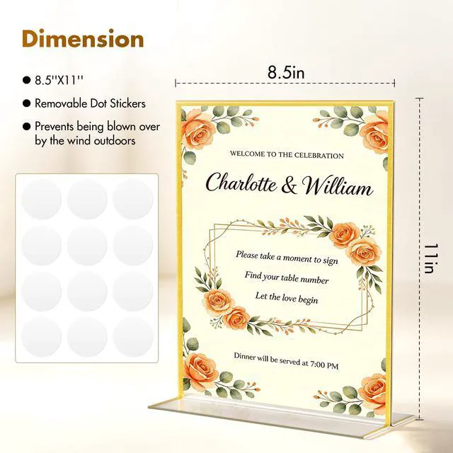 Alt view image 2 of 7 - Acrylic Sign Holder 8.5 x11 Gold Frames,Wedding Table Numbers Vertical Double-sided 8.5 by 11 Picture Frames,Display Stand with Sticky Dots Restaurant Menus,Flyers,Office Photos,6 Pack
