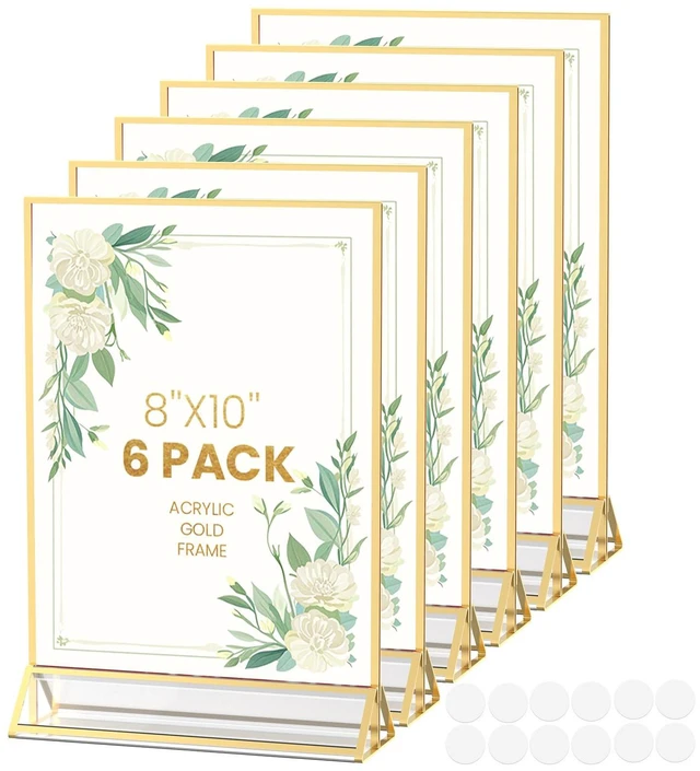 Main image of Gold Frames 8X10 Acrylic Sign Holder Double-Sided Picture Frames 8x10 Frame for Menu,Wedding Table Number, Display Stand,Flyer Holder Christmas Photos With Removable Round Stickers,6 Pack