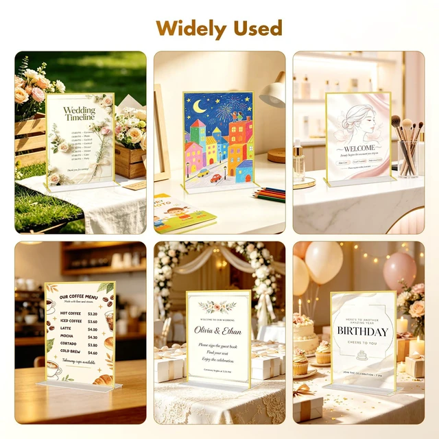 Alt view image 6 of 7 - Acrylic Sign Holder 8.5 x11 Gold Frames,Wedding Table Numbers Vertical Double-sided 8.5 by 11 Picture Frames,Display Stand with Sticky Dots Restaurant Menus,Flyers,Office Photos,6 Pack