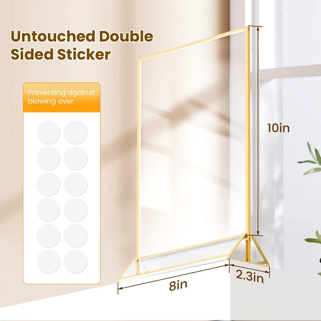 Alt view image 2 of 7 - Gold Frames 8X10 Acrylic Sign Holder Double-Sided Picture Frames 8x10 Frame for Menu,Wedding Table Number, Display Stand,Flyer Holder Christmas Photos With Removable Round Stickers,6 Pack