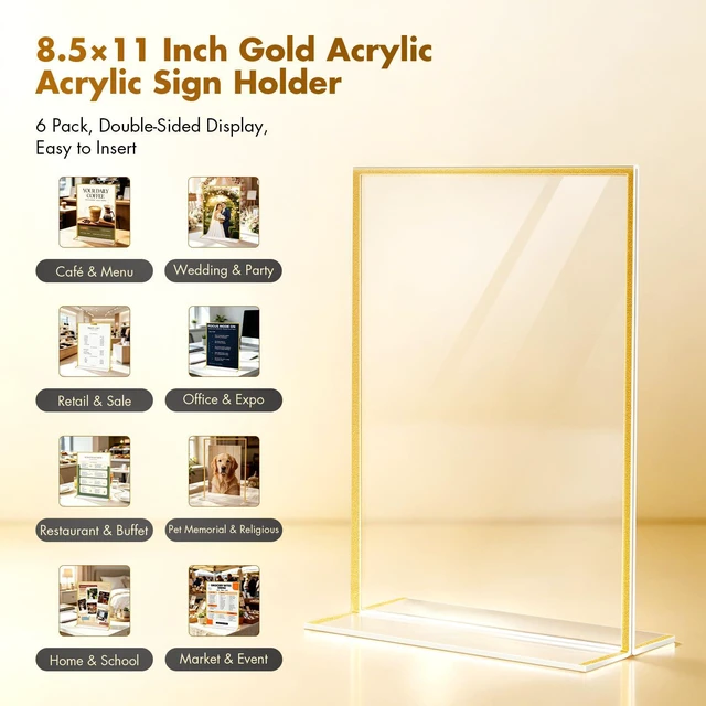 Alt view image 7 of 7 - Acrylic Sign Holder 8.5 x11 Gold Frames,Wedding Table Numbers Vertical Double-sided 8.5 by 11 Picture Frames,Display Stand with Sticky Dots Restaurant Menus,Flyers,Office Photos,6 Pack