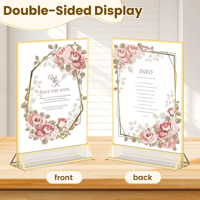 Alt view image 4 of 7 - Gold Frames 8X10 Acrylic Sign Holder Double-Sided Picture Frames 8x10 Frame for Menu,Wedding Table Number, Display Stand,Flyer Holder Christmas Photos With Removable Round Stickers,6 Pack