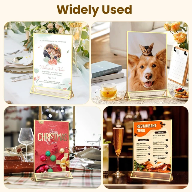 Alt view image 6 of 7 - Gold Frames 8X10 Acrylic Sign Holder Double-Sided Picture Frames 8x10 Frame for Menu,Wedding Table Number, Display Stand,Flyer Holder Christmas Photos With Removable Round Stickers,6 Pack