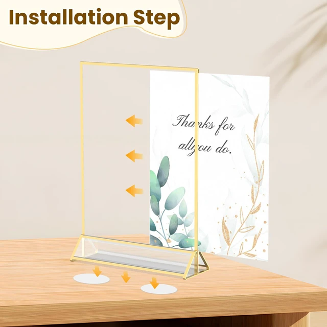 Alt view image 7 of 7 - Gold Frames 8X10 Acrylic Sign Holder Double-Sided Picture Frames 8x10 Frame for Menu,Wedding Table Number, Display Stand,Flyer Holder Christmas Photos With Removable Round Stickers,6 Pack