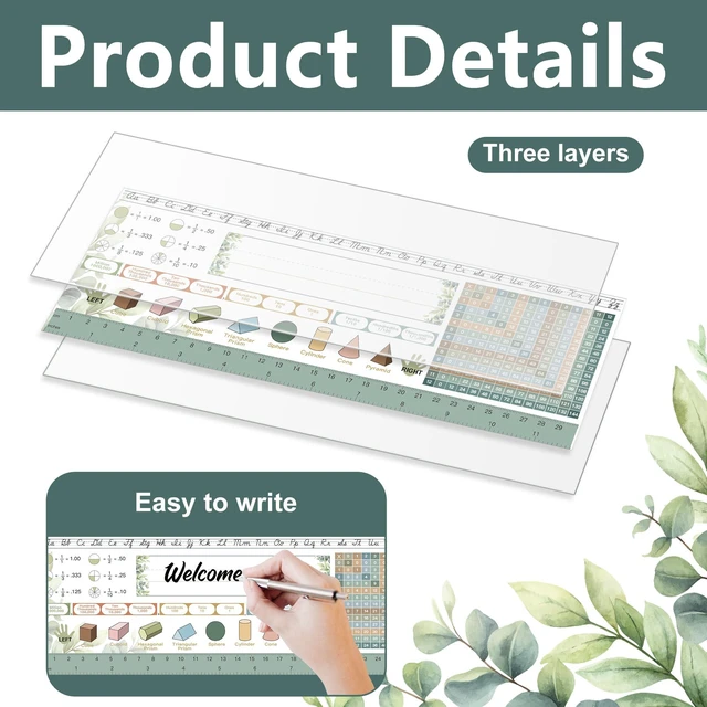 Alt view image 3 of 7 - 30 Pcs Desk Name Tags for Classroom, Manuscript Student Desk Name Plates Waterproof Eucalyptus Classroom Nameplates with Alphabet Multiplication Chart Fractions for 3Rd to 4Th Grade