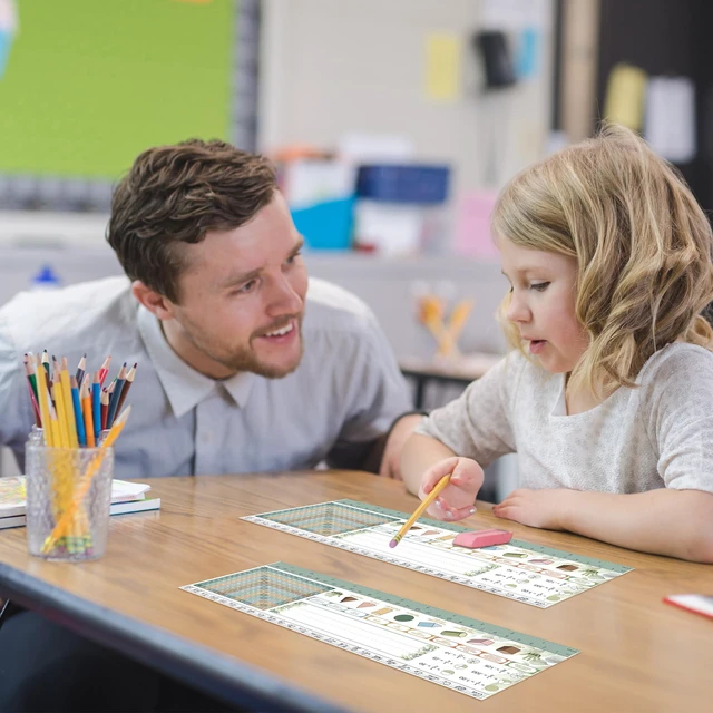 Alt view image 4 of 7 - 30 Pcs Desk Name Tags for Classroom, Manuscript Student Desk Name Plates Waterproof Eucalyptus Classroom Nameplates with Alphabet Multiplication Chart Fractions for 3Rd to 4Th Grade
