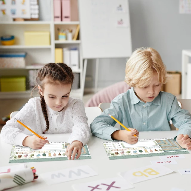 Alt view image 6 of 7 - 30 Pcs Desk Name Tags for Classroom, Manuscript Student Desk Name Plates Waterproof Eucalyptus Classroom Nameplates with Alphabet Multiplication Chart Fractions for 3Rd to 4Th Grade