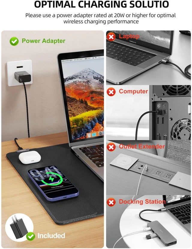 Alt view image 4 of 7 - Mouse Pad with 15W Wireless Charging, XXL Large Leather Desk Mat, Black Waterproof Gaming Mousepad Home Office Desk Pad Protector with Non-Slip Base, Includes 20W PD Adapter & 6.56ft Woven Cable