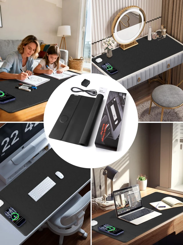 Alt view image 7 of 7 - Mouse Pad with 15W Wireless Charging, XXL Large Leather Desk Mat, Black Waterproof Gaming Mousepad Home Office Desk Pad Protector with Non-Slip Base, Includes 20W PD Adapter & 6.56ft Woven Cable