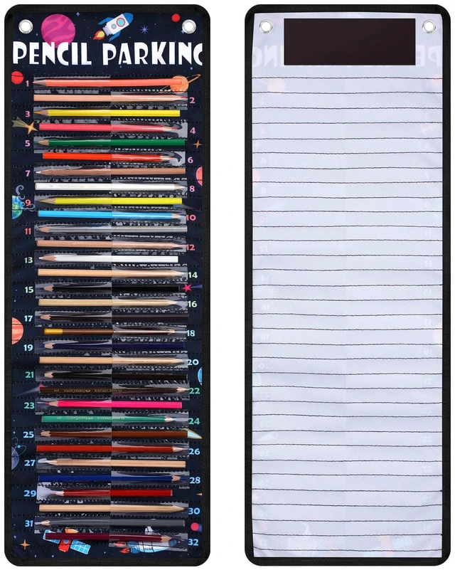 Main image of Pencil Parking Pocket Chart, Classroom Wall Organizer, Novel Hanging Pencil Dispenser Holder, 32 Numbered Clear Slots, Magnetic Strip & Grommets, Student Back to School Supplies