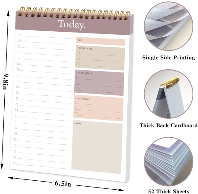 Alt view image 3 of 7 - To Do List Notepad 4pcs/Set, Daily Planner, 6.5" x 9.8" Undated 52 Sheets, Double Spiral, Waterproof Cover, Checklist Notepad, Office School Oraganized