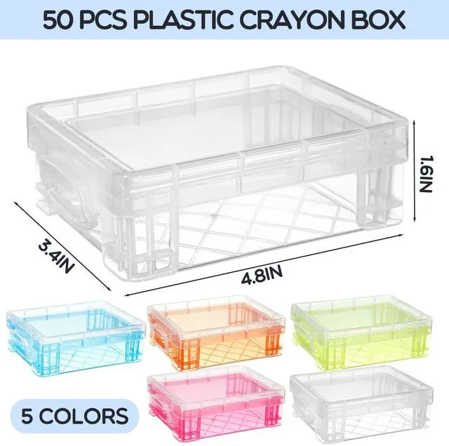 Alt view image 2 of 6 - 50 Pcs Plastic Crayon Box with Lid 4.8 x 3.4 x 1.6, Multi Colors Small Crayon Storage Containers Bulk, for Office School Classroom, Art Crafts Pen Pencil Organizers, Back to School Supplies
