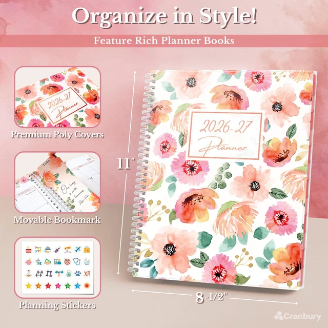 Alt view image 3 of 7 - 2026-2027 Planner 8.5x11, Weekly Monthly Floral Planner 2026-2027 academic planner covers Jul. 2026-Jun. 2027 with weekly and monthly layouts for school and office