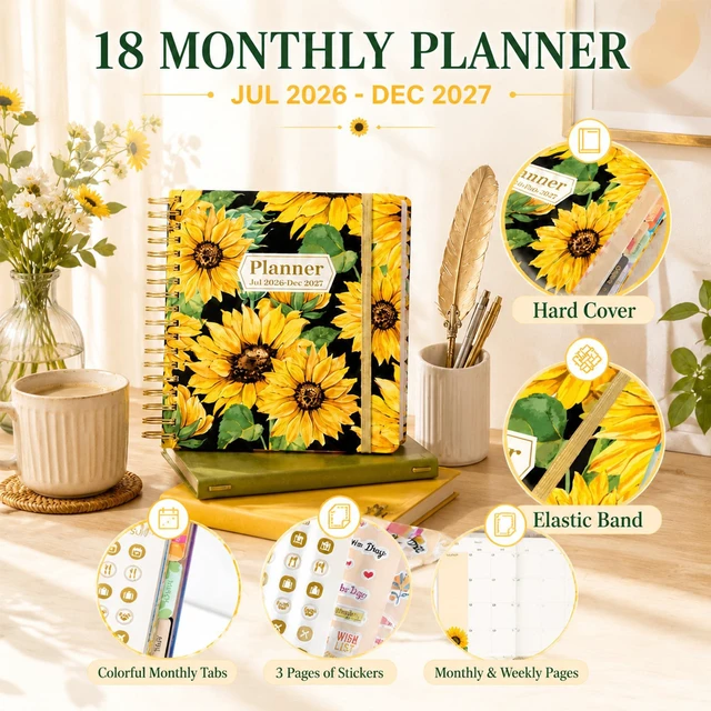 Alt view image 4 of 7 - Planner 2026-2027 18 Month Weekly Monthly Calendar Daily Planners July 2026-Dec 2027, Yearly Hardcover 26-27 Planner for Women with Stickers Tabs Spiral Bound Agenda, Sunflower, 8.3"x9.1