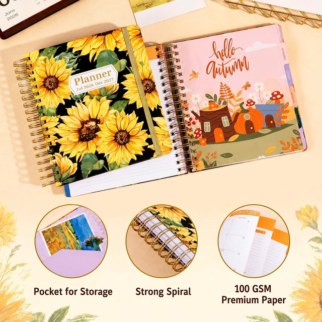 Alt view image 3 of 7 - Planner 2026-2027 18 Month Weekly Monthly Calendar Daily Planners July 2026-Dec 2027, Yearly Hardcover 26-27 Planner for Women with Stickers Tabs Spiral Bound Agenda, Sunflower, 8.3"x9.1